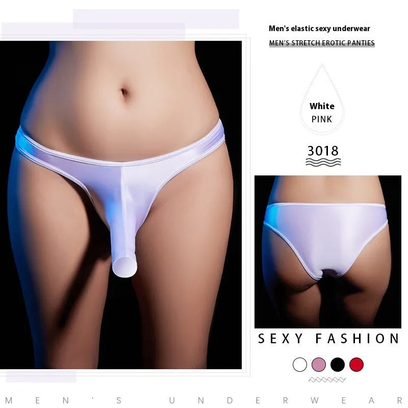 Men's low waist T-back underwear in shiny nylon fabric on a colour swatch showing black, grey, pink, red, and white.