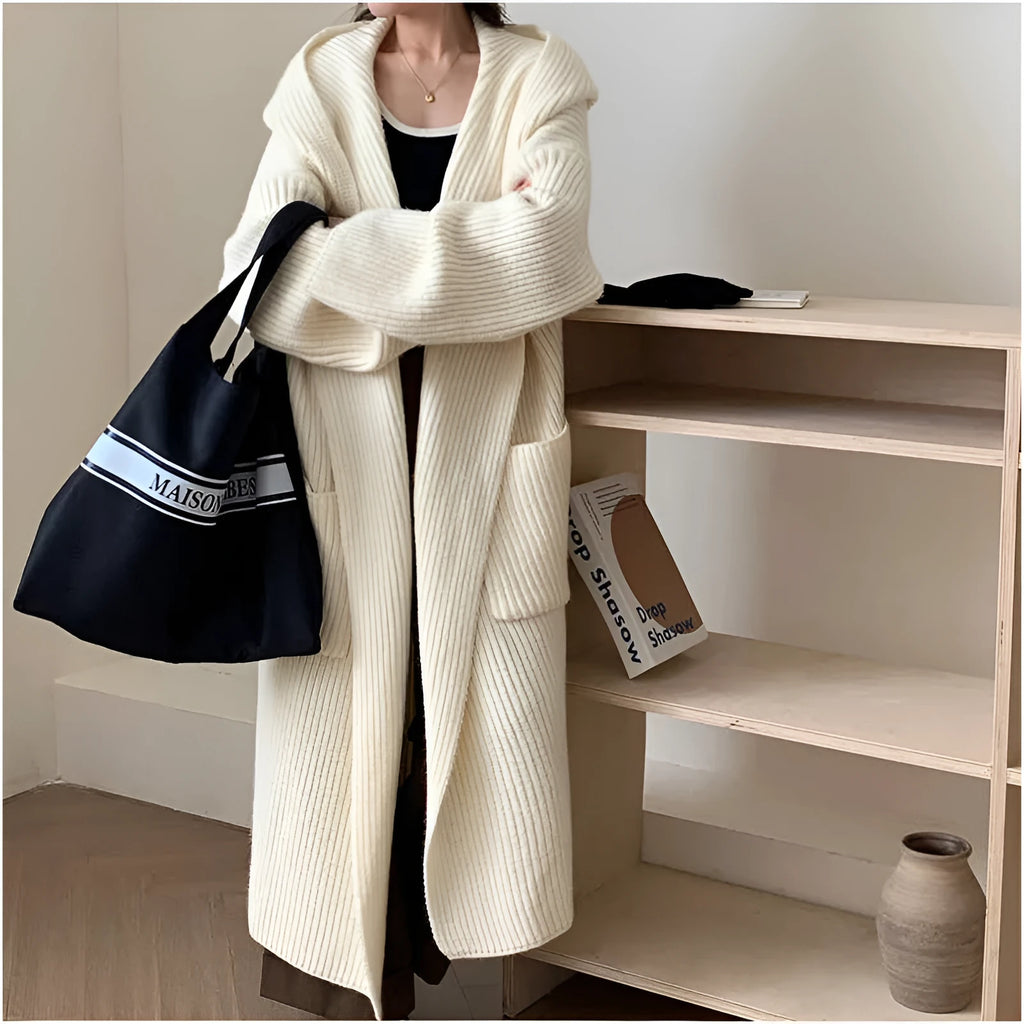Women's loose hooded acrylic cardigan coat in beige colour with 80cm length