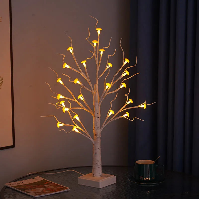 60cm mushroom tree LED lamp with 24 small flowers on birch tree design