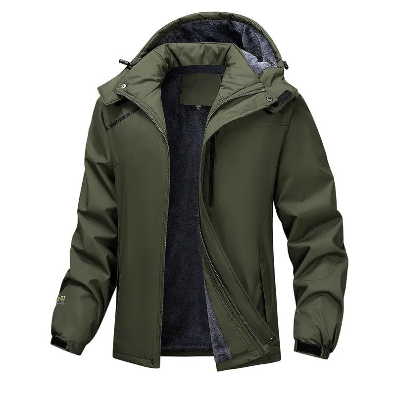 Men's plus size waterproof hooded coat in army green shown on a model, featuring a loose fit and a front zip.
