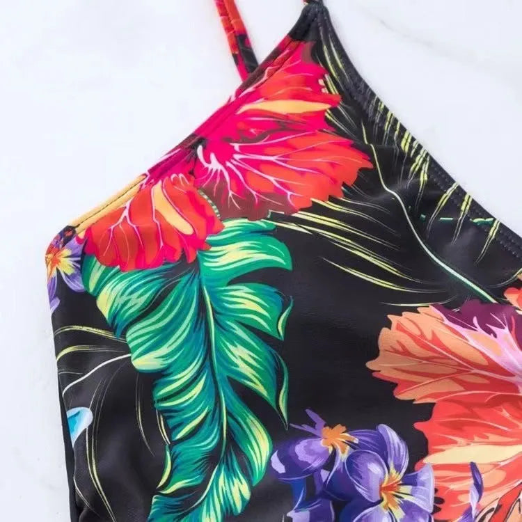 Black women's high waist printed split bikini briefs for swimming and sports.