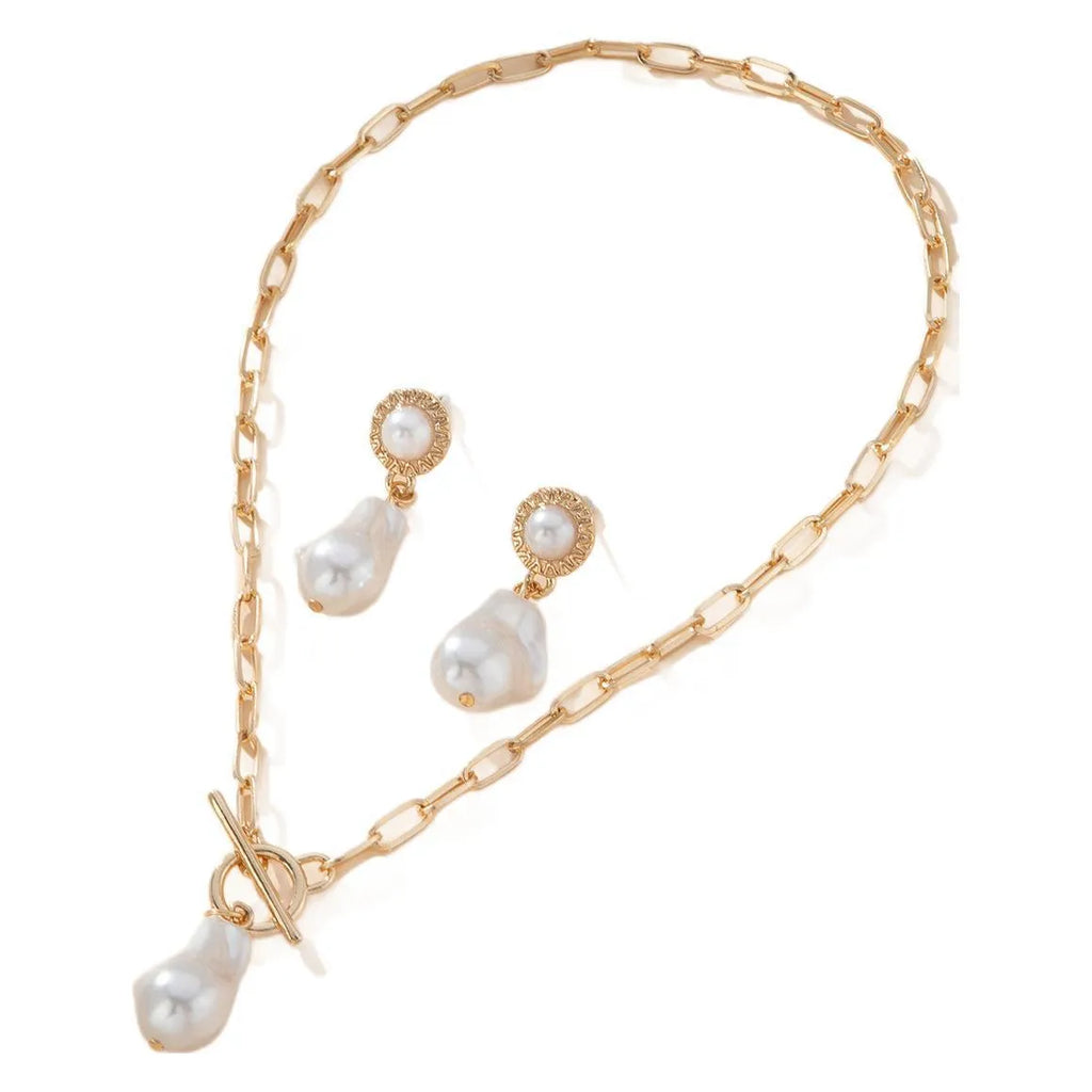 Gold retro baroque pearl pendant necklace and matching ear studs 2-piece jewellery set