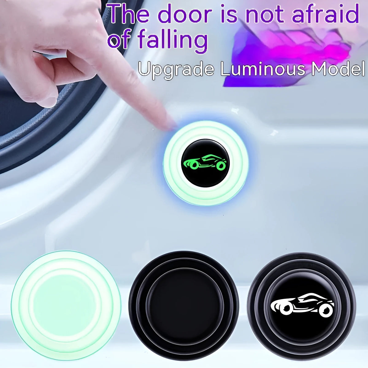 Four 20mm black and luminous silicone car door shock pads with car logo options
