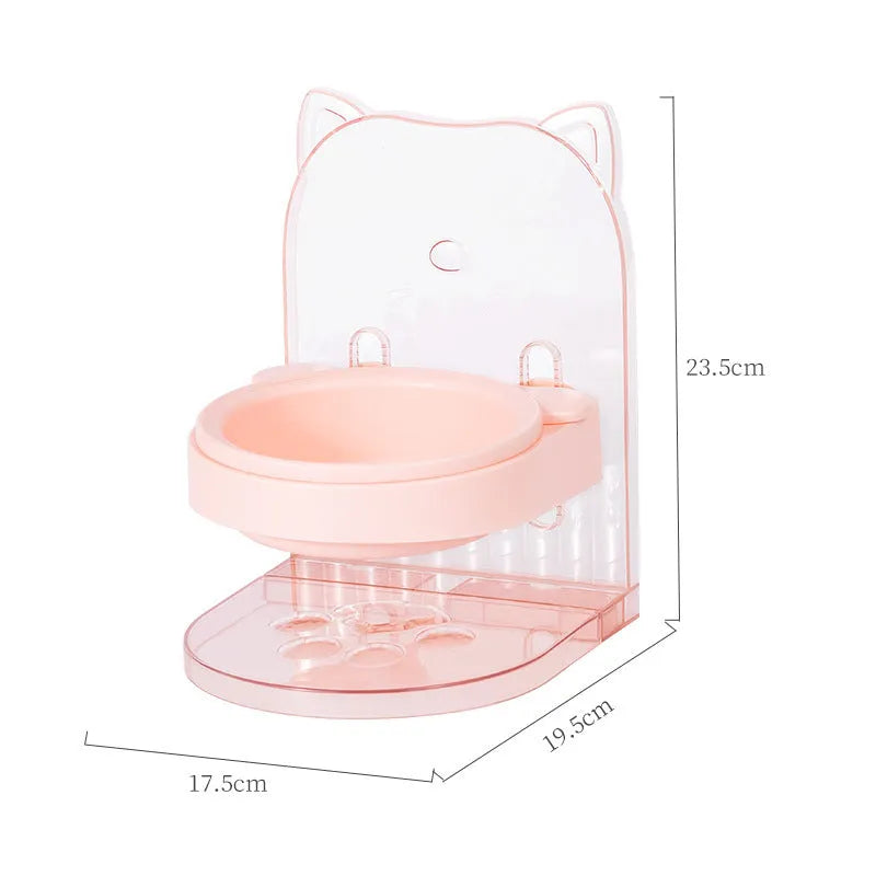 Grey cat feeding bowl with cat ears design and neck protection collar on removable hanging cage