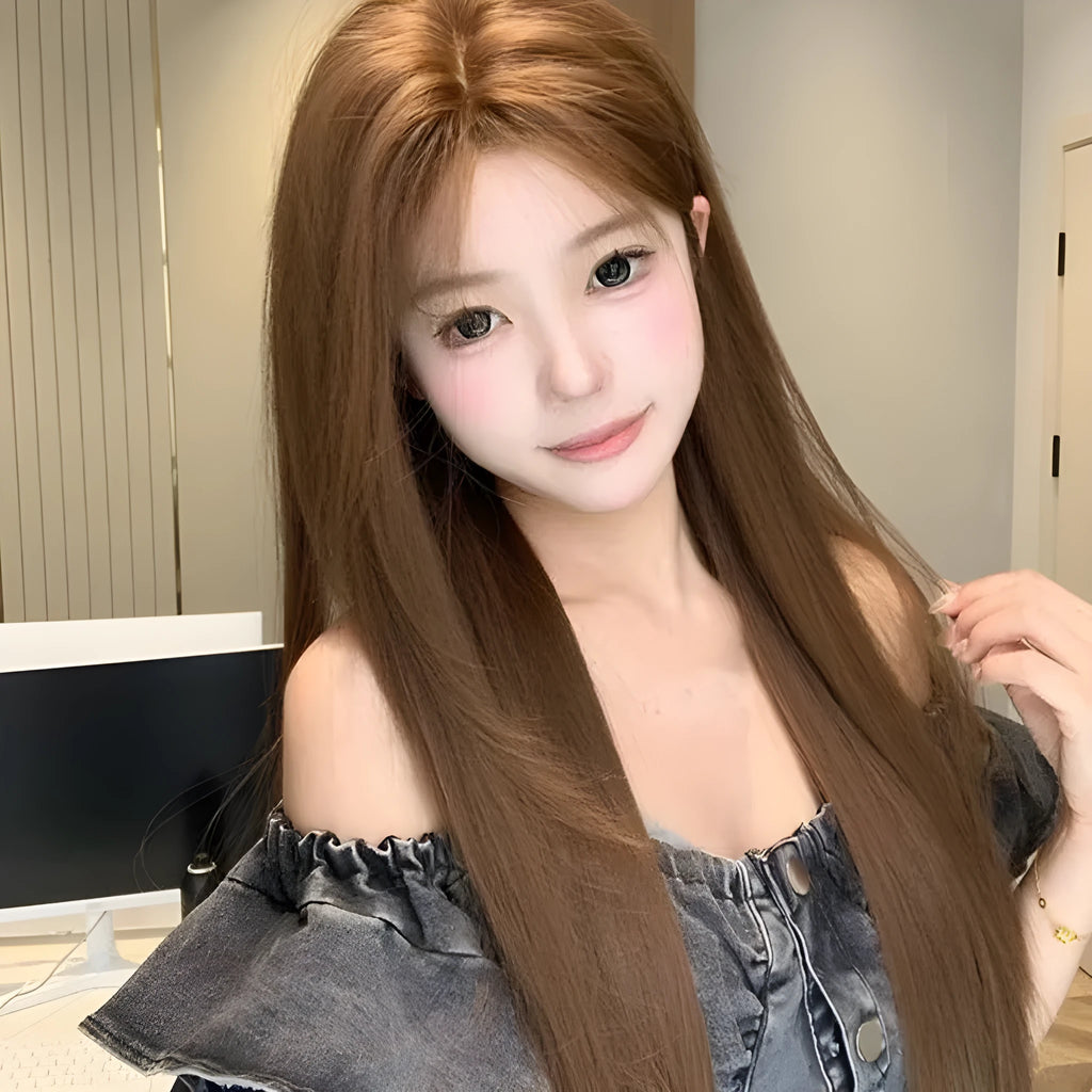 Warm brown lace front wig with centre-parted bangs and long straight hair