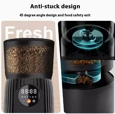 Black automatic pet feeder with display screen and food dispensing bowl for dogs and cats