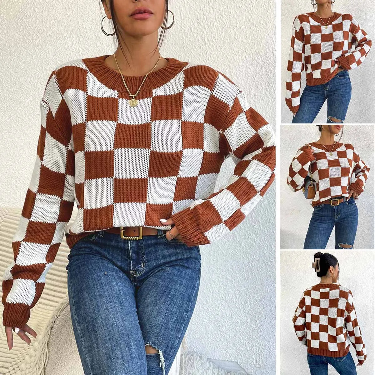 Dark brown acrylic plaid sweater with chessboard pattern, loose fit round neck, long sleeves