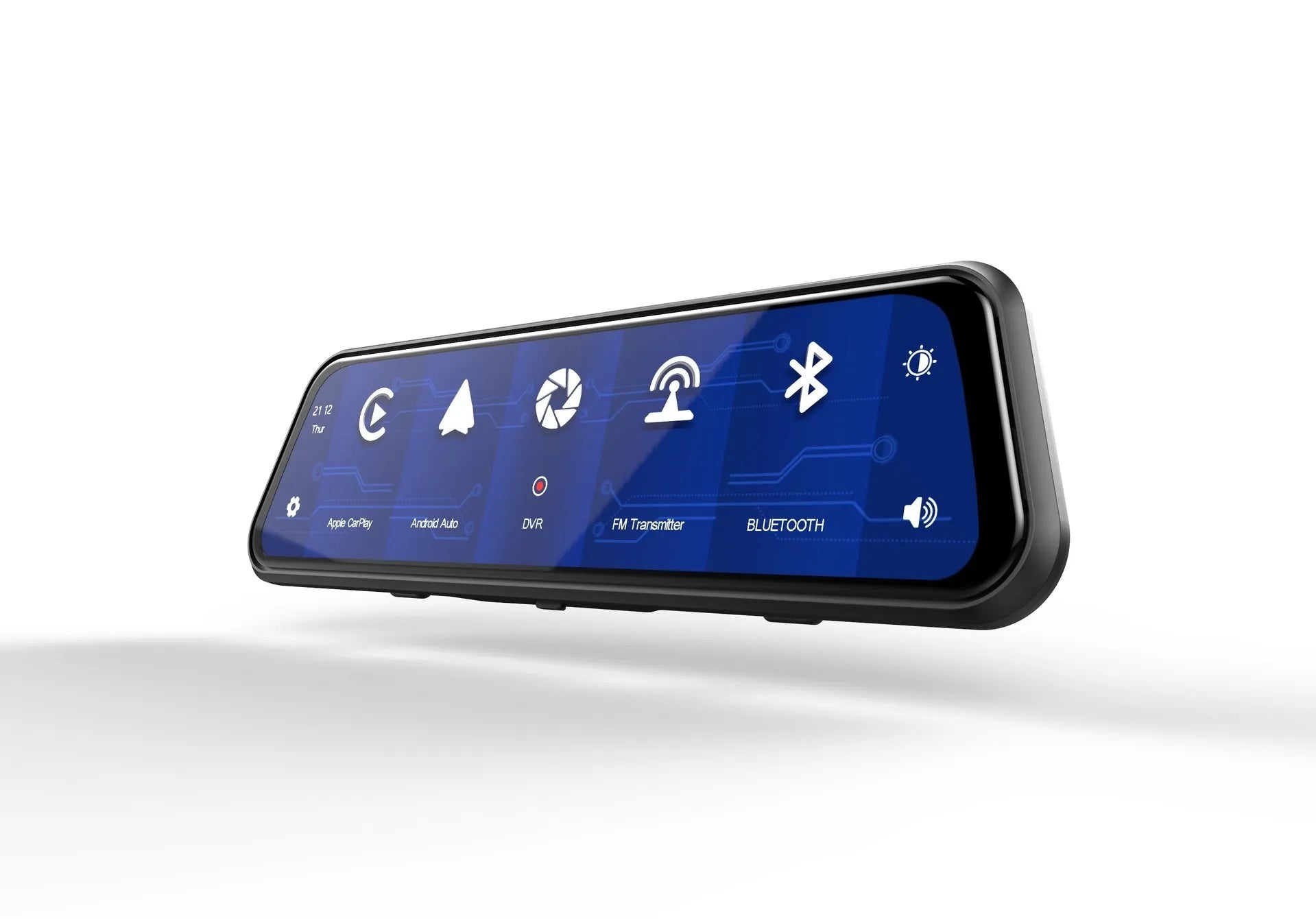 Dual lens car dash cam mounted on rearview mirror with 9.66-inch touch screen display