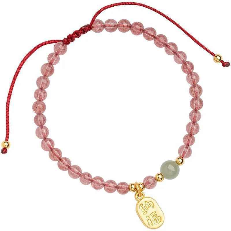 Hand-woven red rope bracelet with strawberry quartz beads in national tide style for women