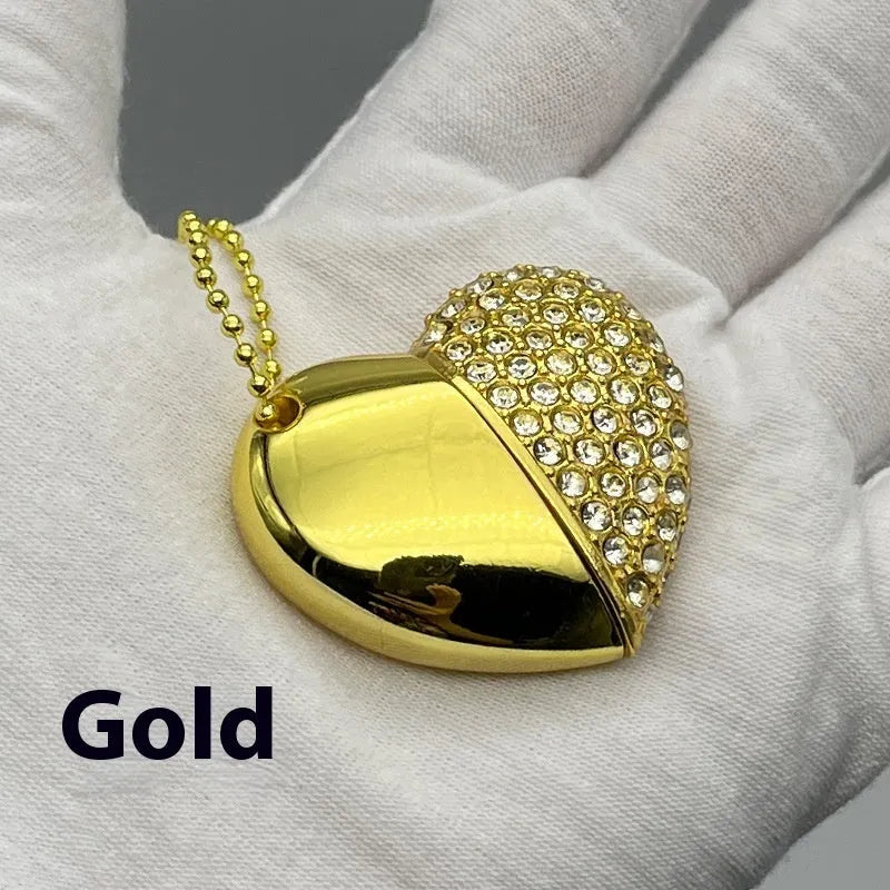 Heart-shaped USB flash drive with a brick-inlaid pattern on a metal shell.