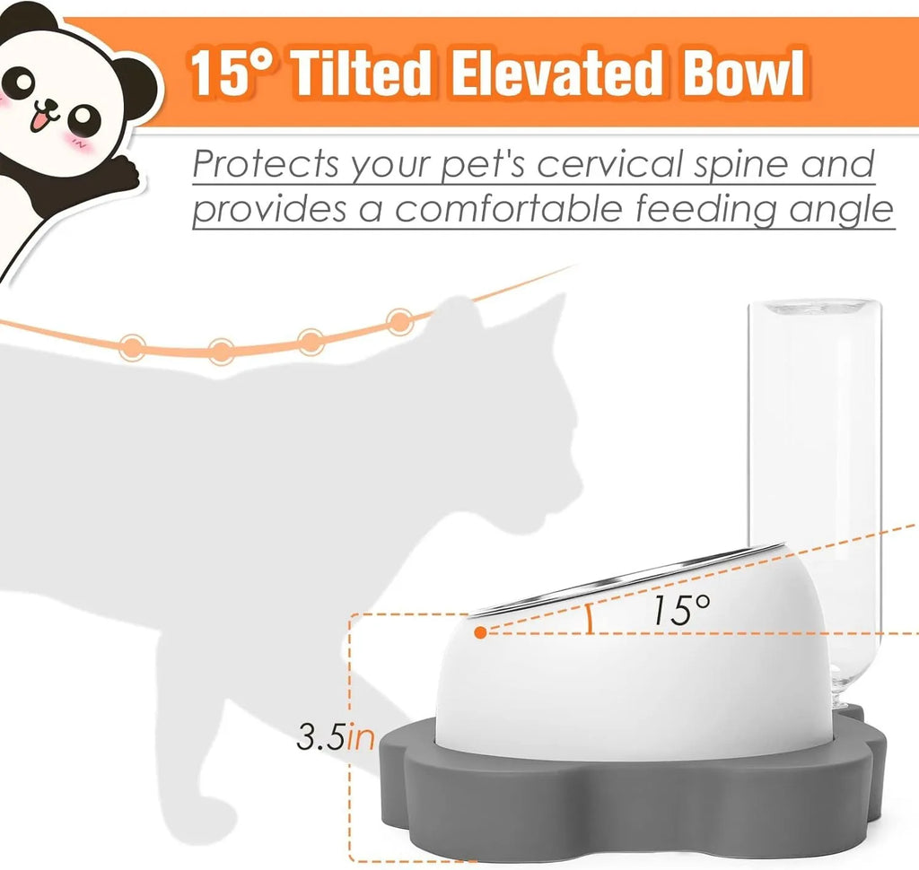 Grey and green panda-shaped automatic water dispenser and tilted pet food bowl set for cats and small dogs