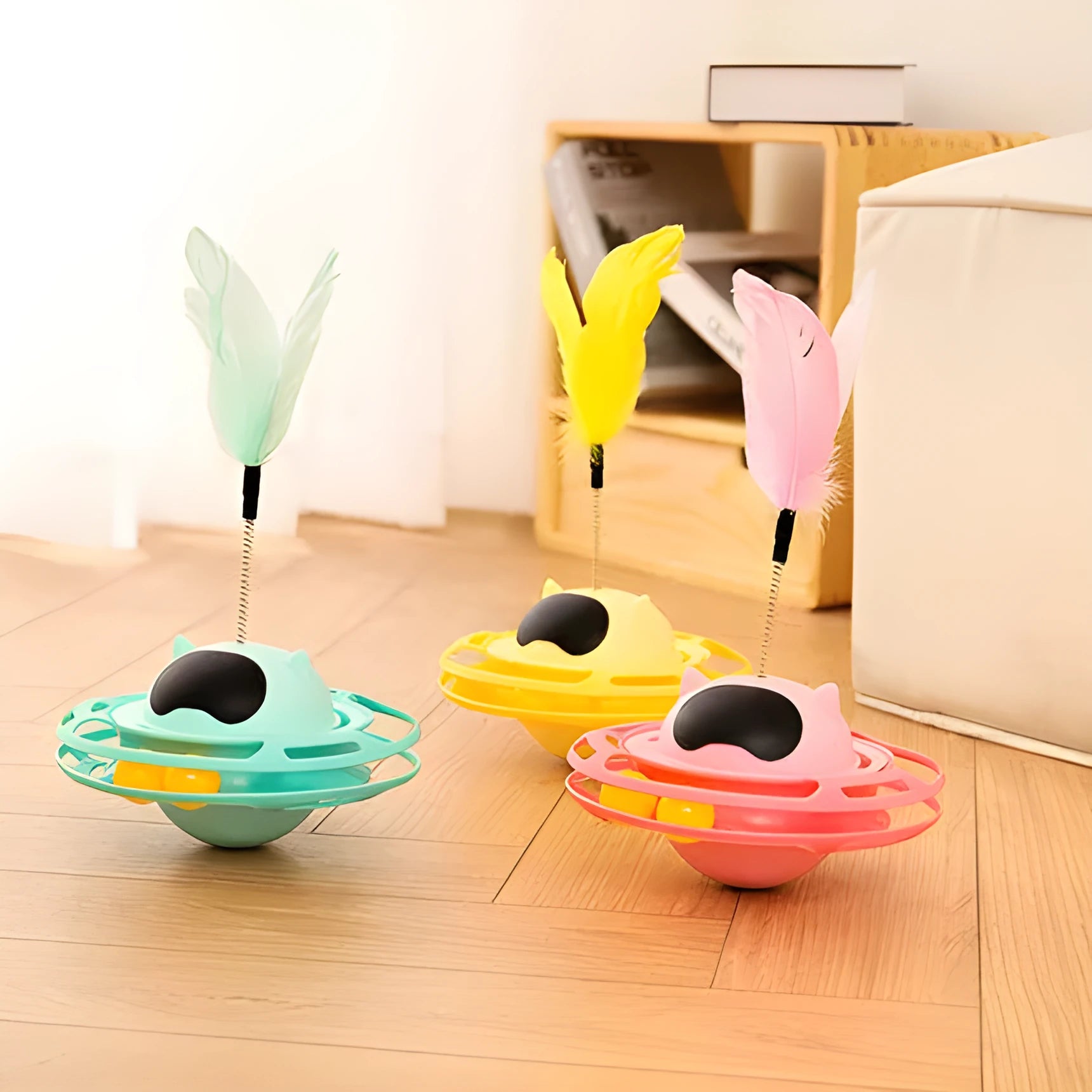 Pink cat tumbler turntable toy with stick for interactive play