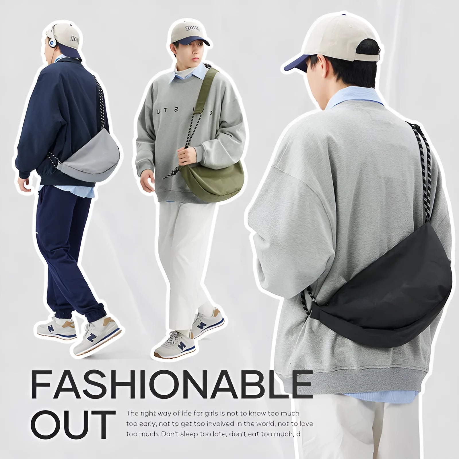 Men's nylon messenger backpack in black, grey, khaki, or army green, showing large capacity and shoulder strap.