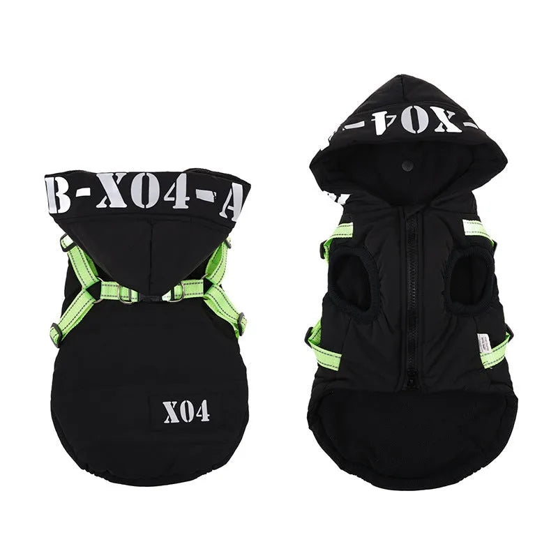 Winter fleece-lined waterproof dog jacket with hood in black blue gray or red colours