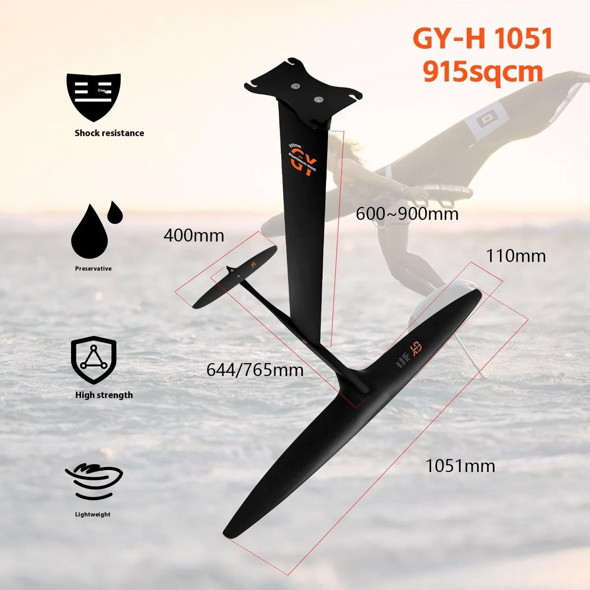 Black aluminium alloy and carbon fibre unpowered hydrofoil surfboard with large front wing.