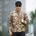 Soft shell tactical jacket for mountaineering and camping in black camouflage colour