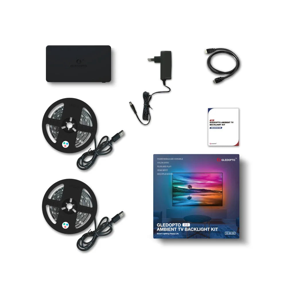GL-SN-002K HDMI sync adapter box with 5M RGB LED strip coiled next to it