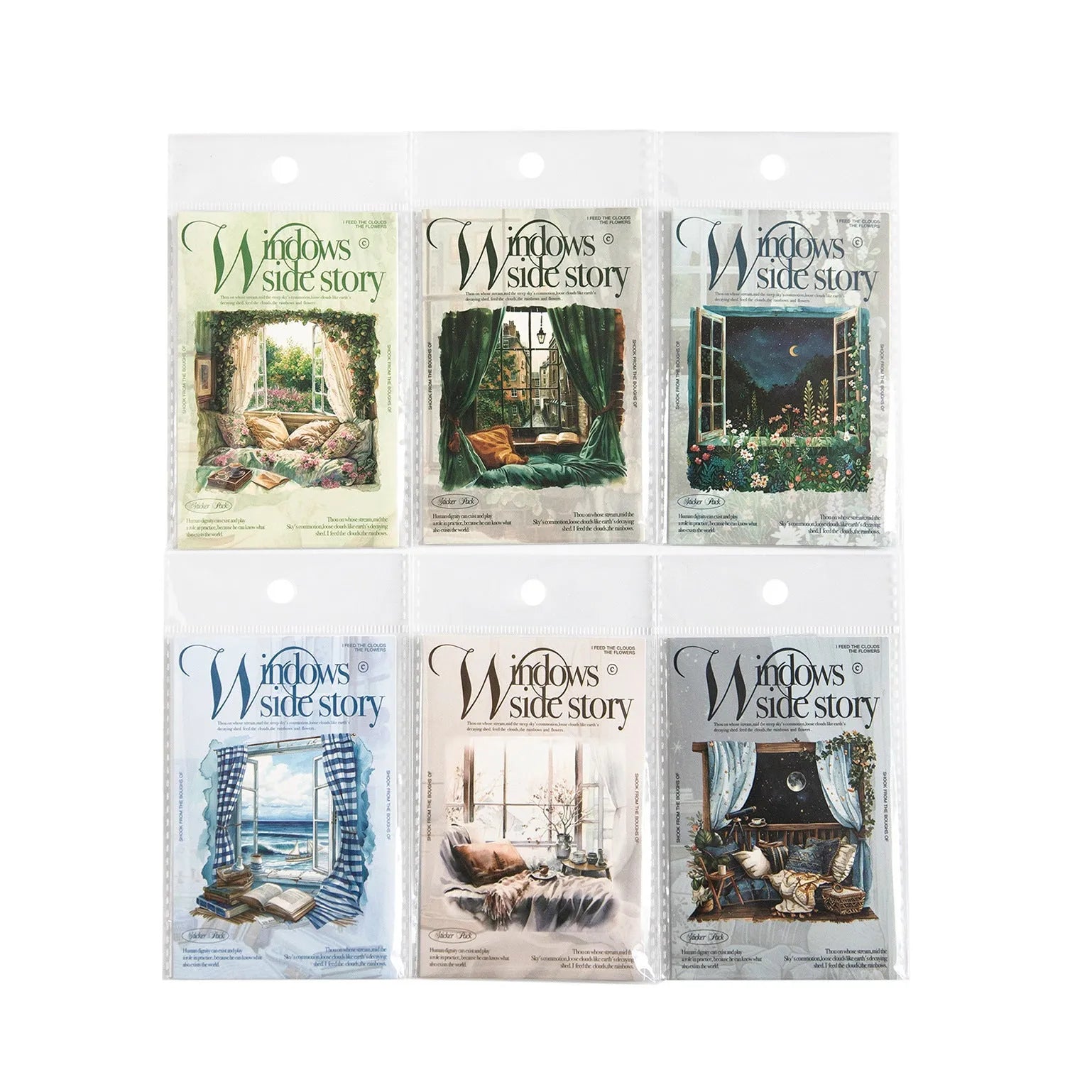 Set of six retro window-themed decorative stickers for journals, including Seaside Window and Flower Window Under the Moon designs.