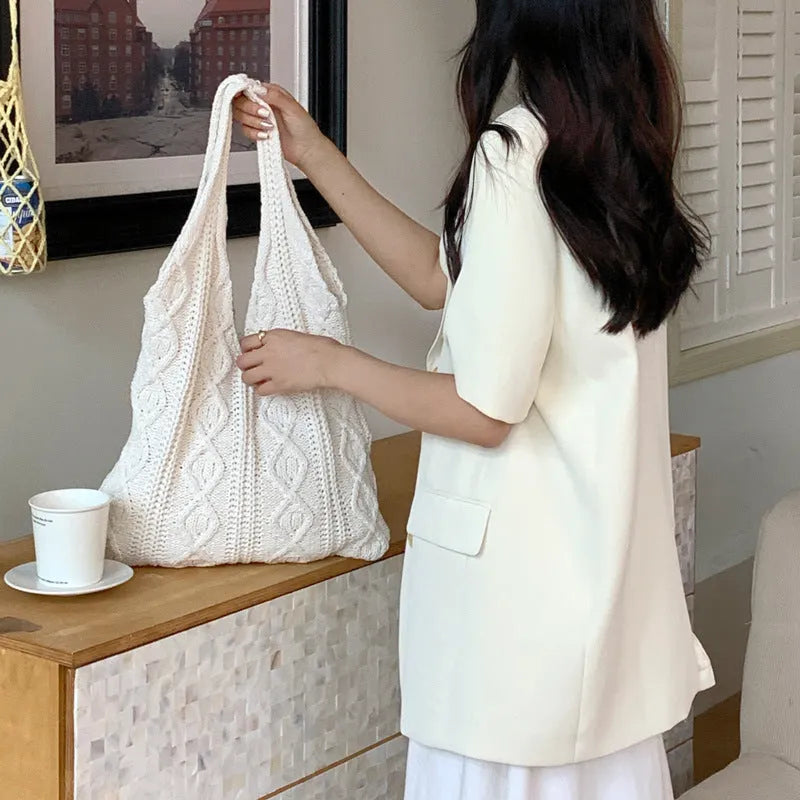 Retro hollow knitted wool yarn shoulder tote bag in solid colour with double straps