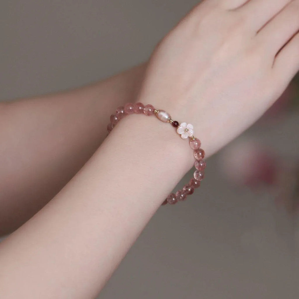 Crystal peach blossom bracelet with strawberry quartz coloured flower beads for women's casual jewellery