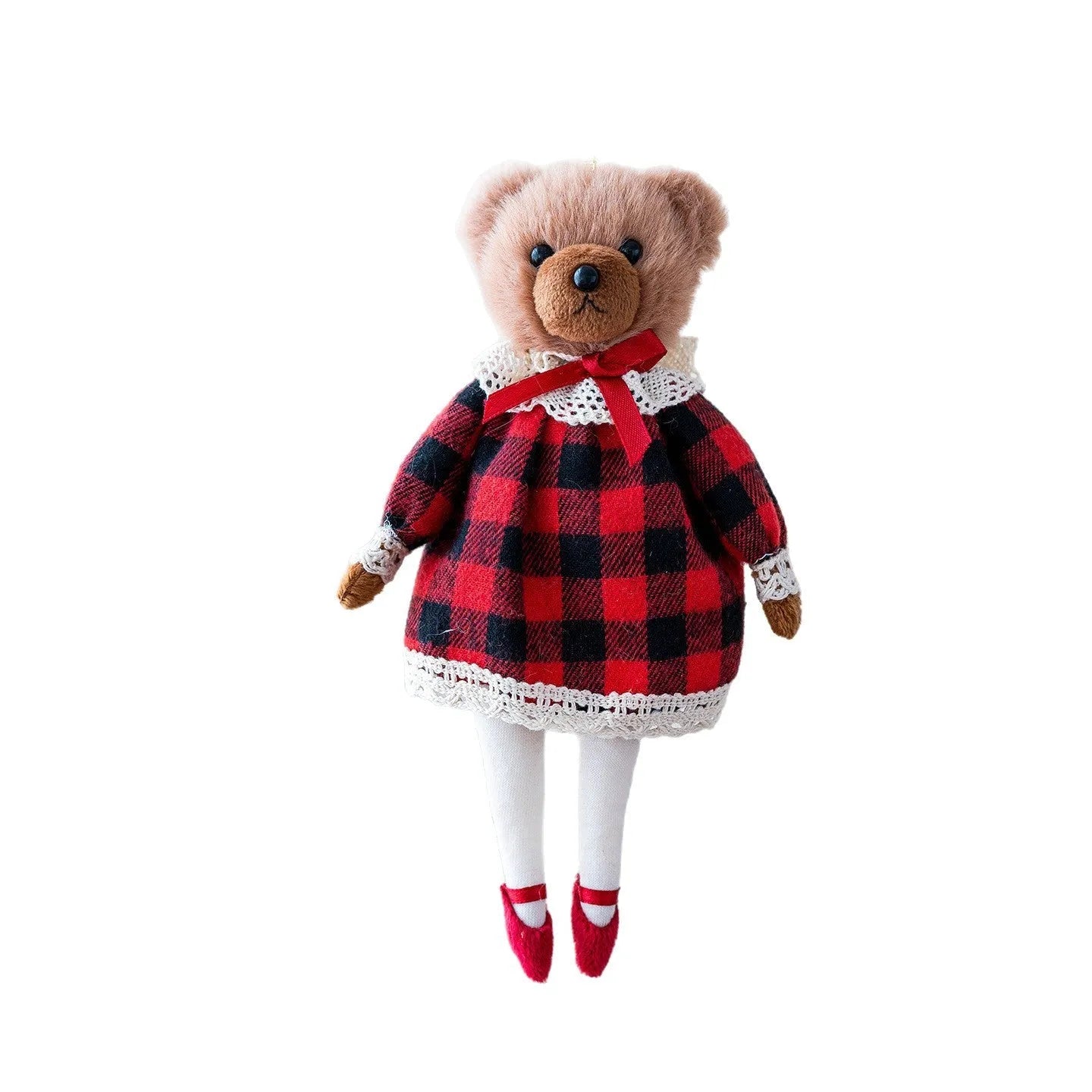 Cartoon plush bear couple in cotton plaid suits - gentleman bear and princess bear characters