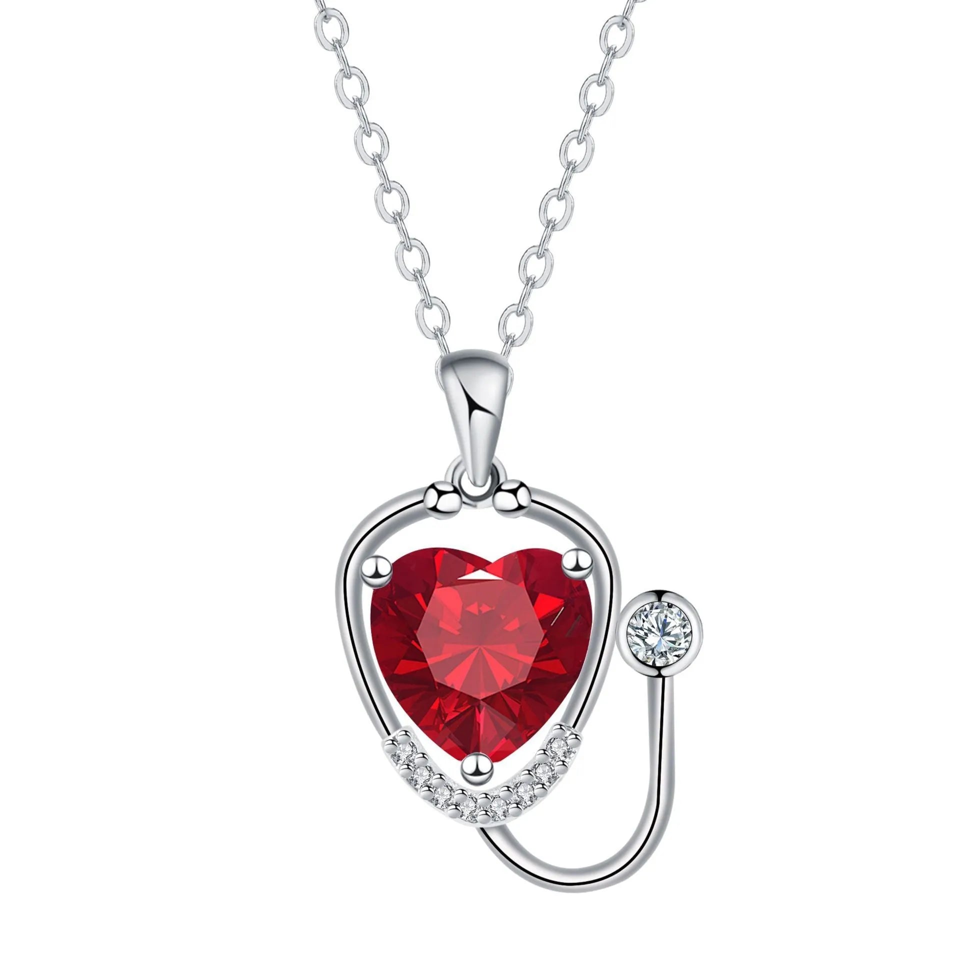 Red diamond coloured women's necklace with stethoscope, wings and cross pendant design