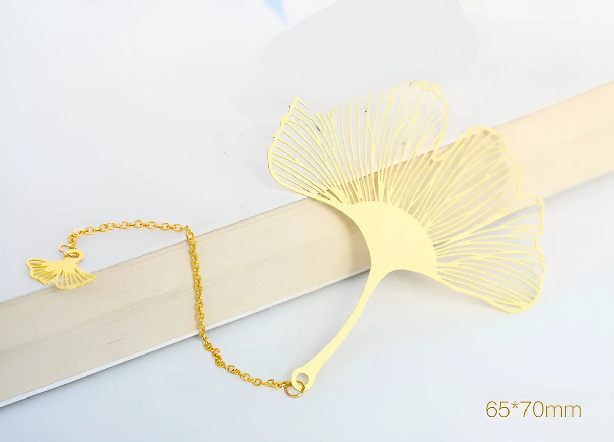 Brass metal hollow plated bookmark with leaf design and rose gold tassel