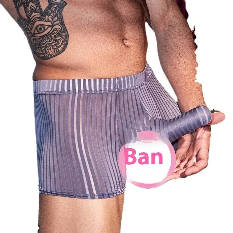 Men's striped nylon boxer briefs underwear in black, white and dark grey colours