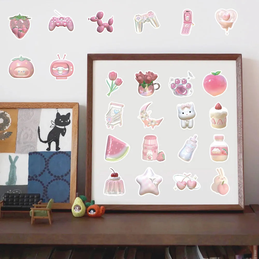 Realistic 3D decorative stickers in pink girl heart designs, 63 pieces per pack