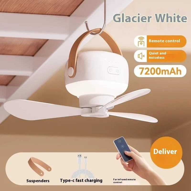 Rechargeable portable ceiling fan with remote control for camping and outdoor use