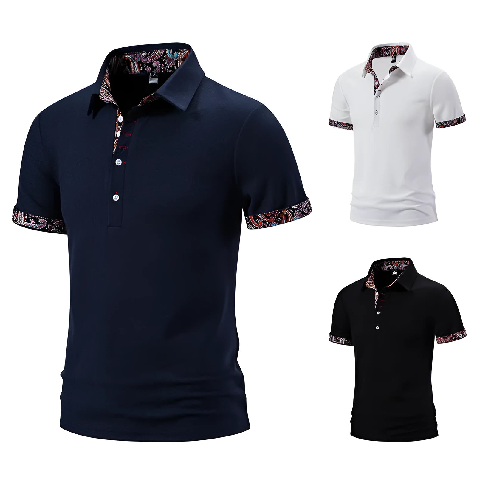 Men's short sleeve polo shirt in a cotton blend fabric, showing turnover collar and colour stitching detail.