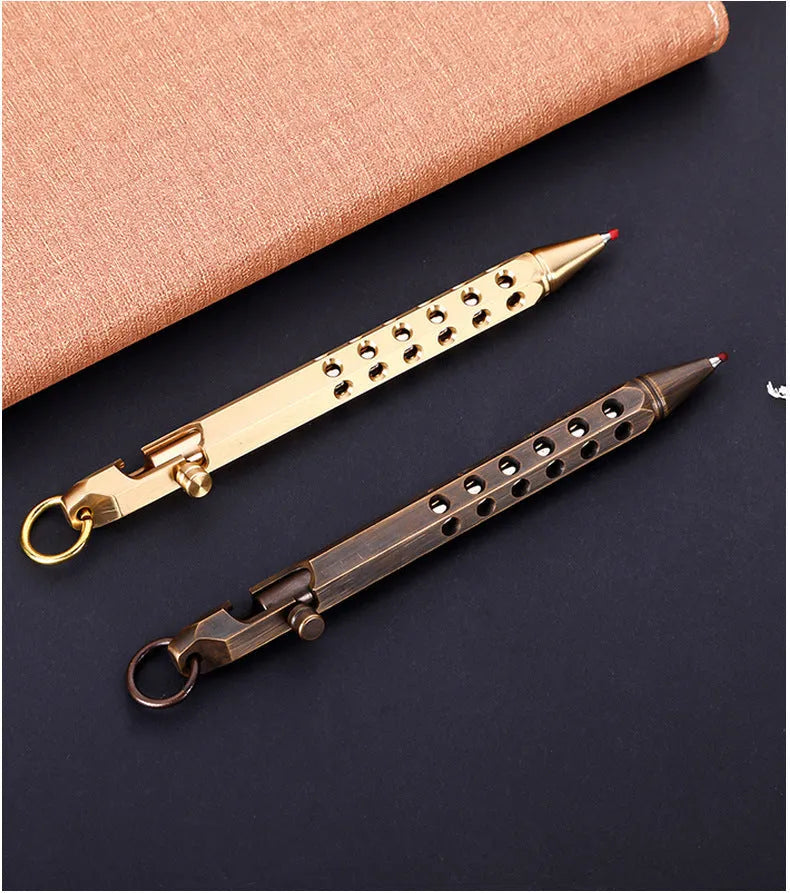 Brass hexagonal bolt roller pen showing six-angle construction with 0.5mm tip