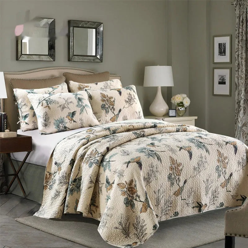 Quilted pure cotton bed cover three-piece set with printed pattern for 1.5-1.8 metre beds
