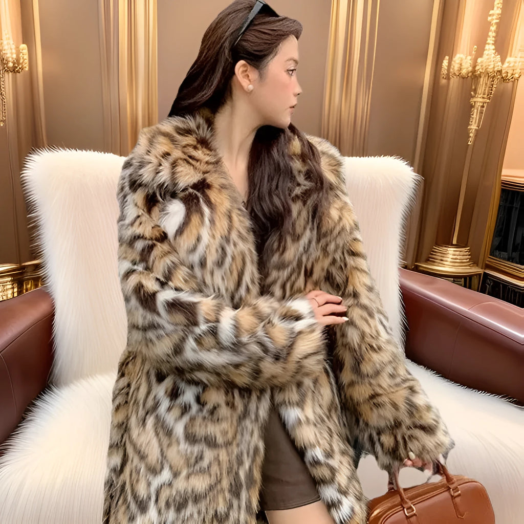 A street-fashion faux fur coat with a fox print pattern and a fur collar, shown in a long style.