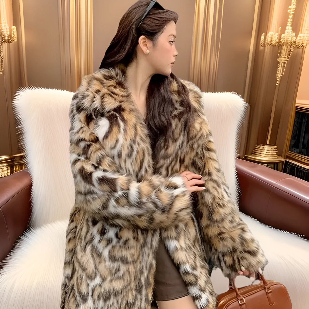 A street-fashion faux fur coat with a fox print pattern and a fur collar, shown in a long style.