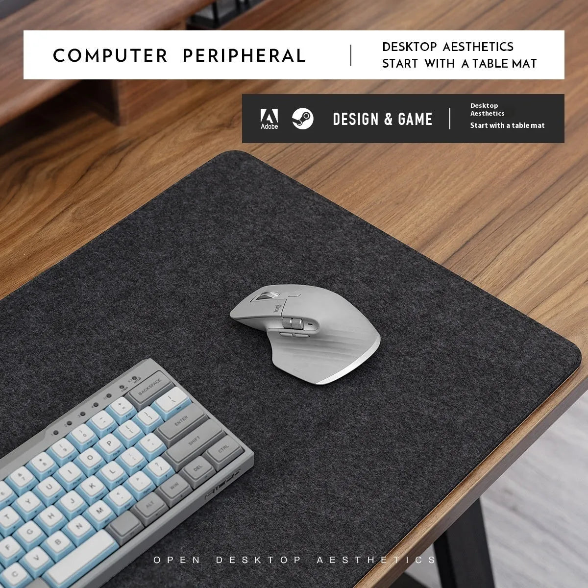 Oversized felt cork desk mat with Japanese simple design in grey colour options on wooden desk surface