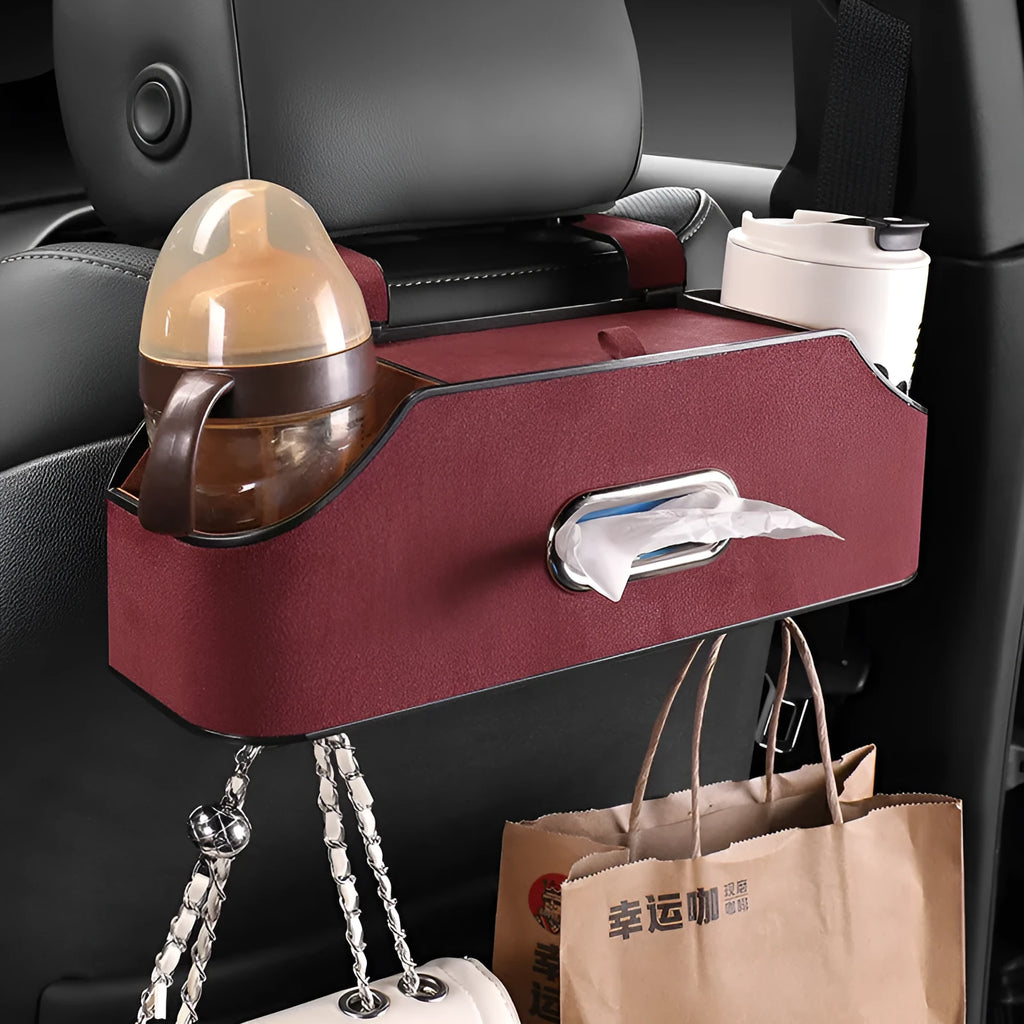 Genuine leather car tissue box holder storage bag in beige colour showing hanging strap