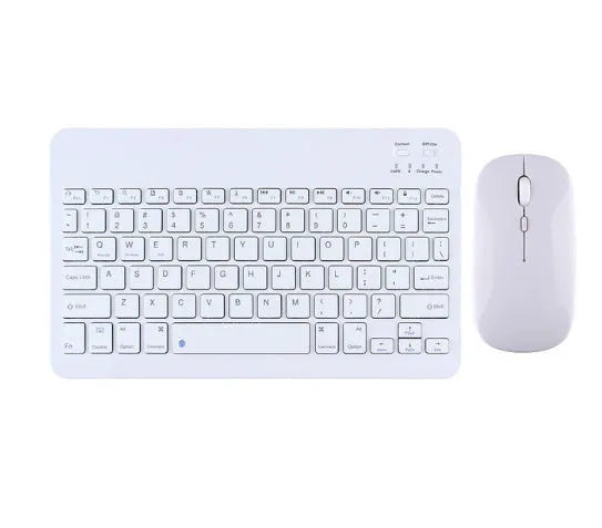 Compact white Bluetooth keyboard for tablet and PC use on a wooden desk