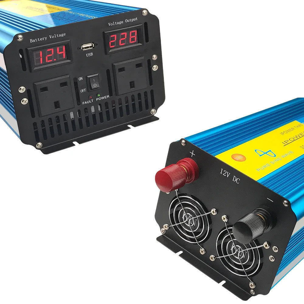 Blue high-power 3000W pure sine wave inverter with digital display and UK socket.
