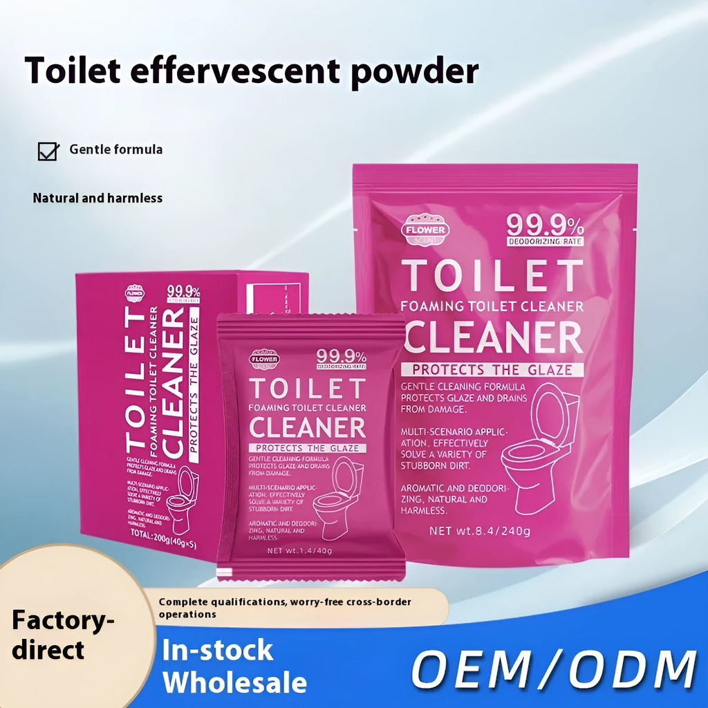 Toilet Bubble Powder cleaning product in blue ocean or pink floral fragrance, showing box and bag options