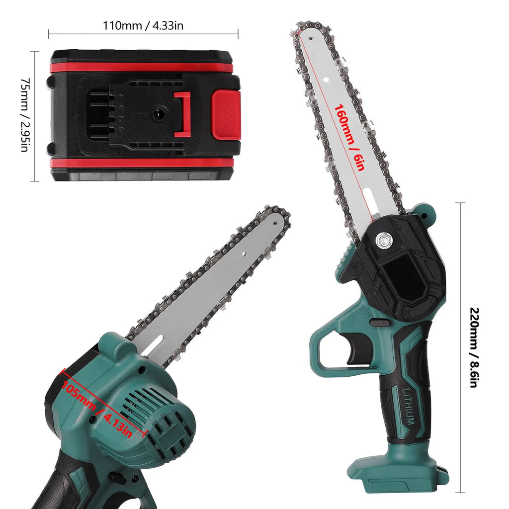 Black one-hand mini electric chainsaw with 4 inch guide bar on a workbench.