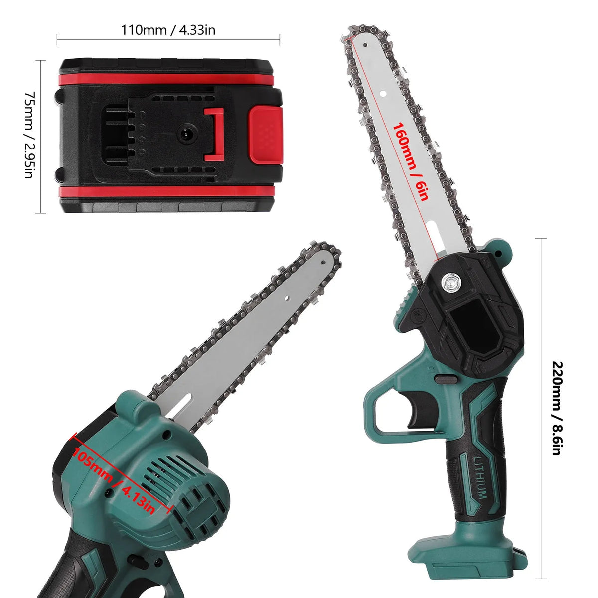 Black one-hand mini electric chainsaw with 4 inch guide bar on a workbench.