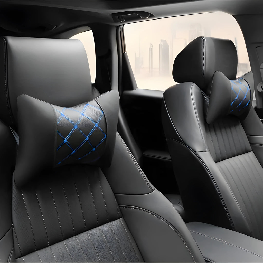 Black diamond quilt car headrest cover with coloured piping options on a car seat.