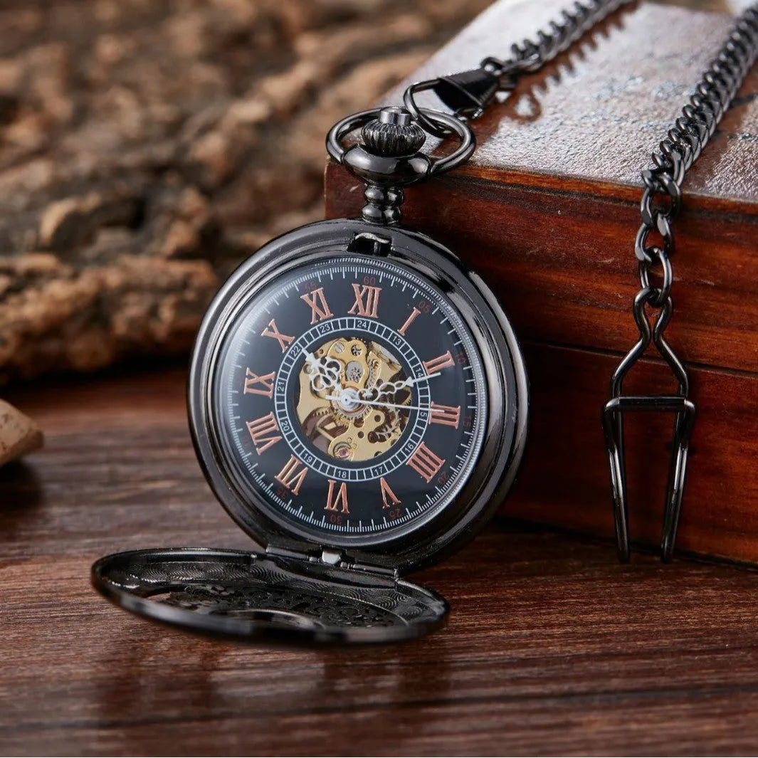 Retro hollow floral print automatic mechanical pocket watch with transparent case back showing movement
