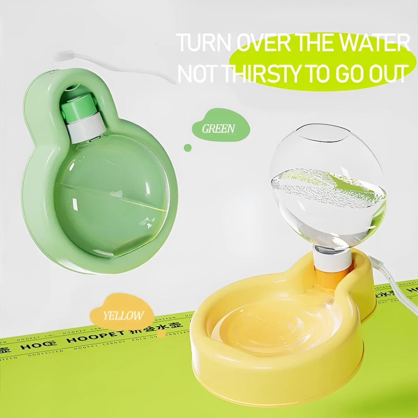 Green portable dog travel cup with integrated drinking bowl, showing 500ml capacity and leak-proof seal.