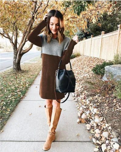 Brown women's art retro patchwork sweater dress with princess cut silhouette and long sleeves