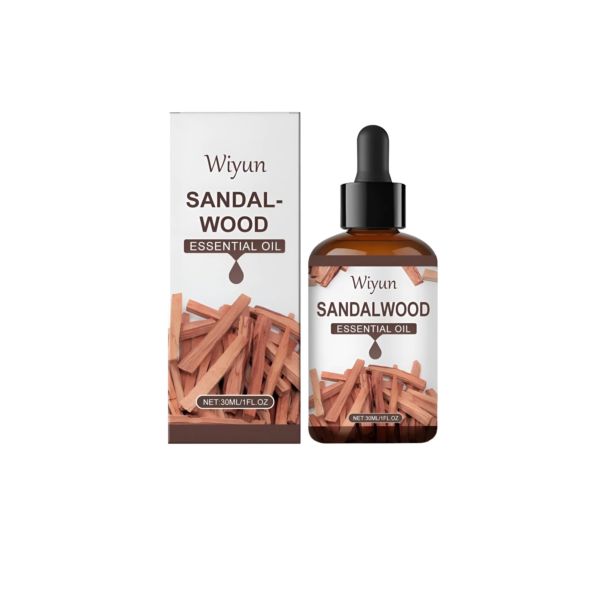 30ml amber glass bottle of sandalwood fragrance oil with a black roller ball applicator top.