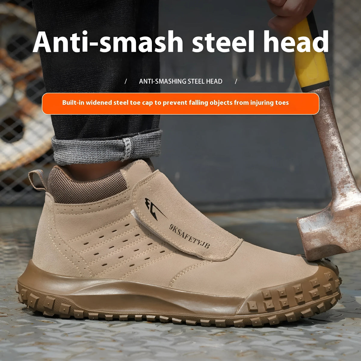Lightweight welder labour protection shoes with steel toe cap in sand colour on a workbench.