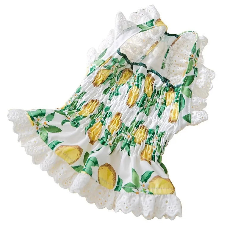 Rock yellow lemon dog skirt dress with thin breathable polyester construction and adjustable straps