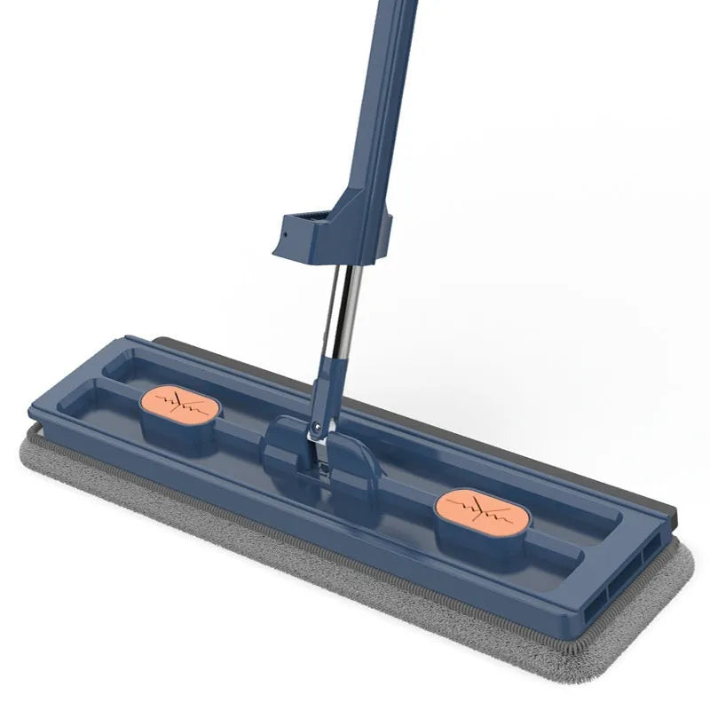 Large flat mop with rotating blue head on stainless steel handle next to white and blue cloths